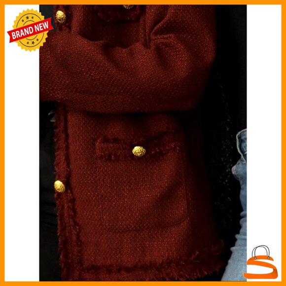 Tweed Blazer Jacket Elegant Collarless Long Sleeve Open Front Casual Chic - Picture 6 of 6